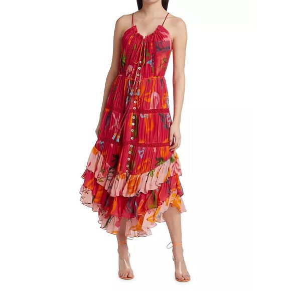FARM Rio Dresses & Skirts - NWT farm rio mixed fruits ocean tiered sleeveless ruffle maxi dress large